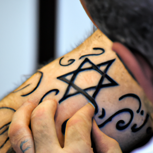 מקעקע עובד על קעקוע אהבה עברי, המשלב סמלים יהודיים מסורתיים כמו מגן דוד.